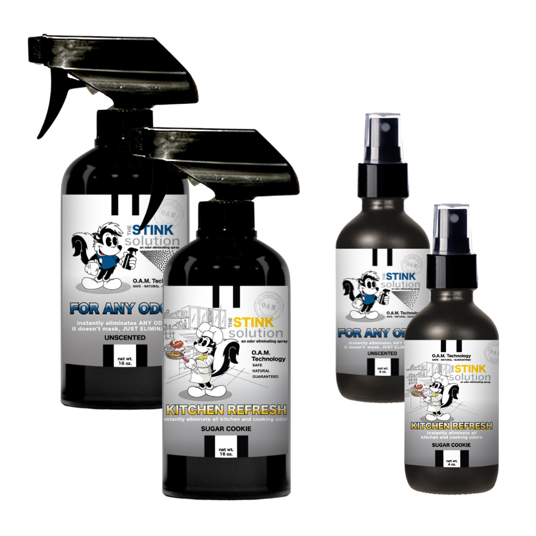 Kitchen Odor Eliminating Spray that gets rid of smells from cooking, fish, food, smoke, and more. It works on kitchen sinks, ovens, counters, and more. Safe, natural, non-toxic formula that works instantly.