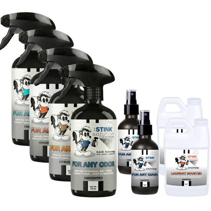 Buy 4 Get Super Sample Bundle FREE - 1 Unscented (16 oz), 1 Citrus Orange (16 oz), 1 Coconut Mango (16 oz), 1 Tranquility (16 oz), 2 Unscented (4 oz), + 2 Unscented Mini Laundry Boosters | Odor Eliminating Spray