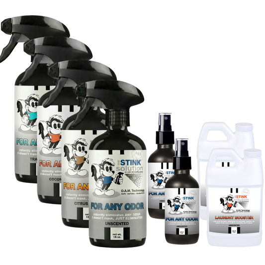 Buy 4 Get Super Sample Bundle FREE - 1 Unscented (16 oz), 1 Citrus Orange (16 oz), 1 Coconut Mango (16 oz), 1 Tranquility (16 oz), 2 Unscented (4 oz), + 2 Unscented Mini Laundry Boosters | Odor Eliminating Spray