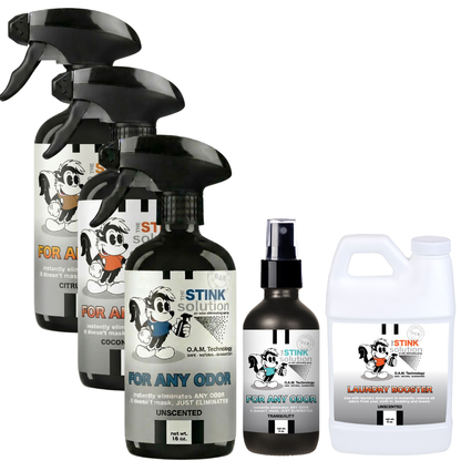 Buy 3 Get Sample Bundle FREE - 1 Unscented (16 oz), 1 Citrus Orange (16 oz), 1 Coconut Mango (16 oz), 1 Tranquility (4 oz), + 1 Unscented Mini Laundry Booster | Odor Eliminating Spray