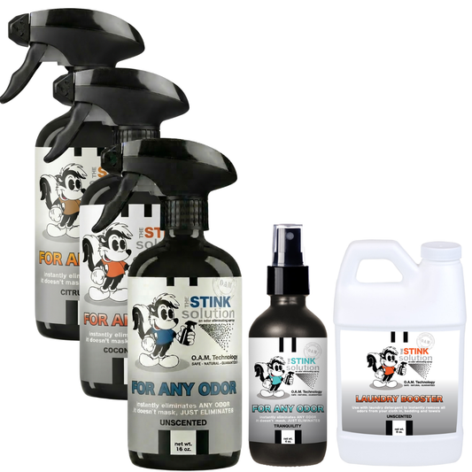 Buy 3 Get Sample Bundle FREE - 1 Unscented (16 oz), 1 Citrus Orange (16 oz), 1 Coconut Mango (16 oz), 1 Tranquility (4 oz), + 1 Unscented Mini Laundry Booster | Odor Eliminating Spray