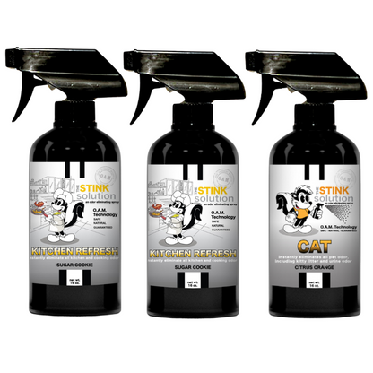 Kitchen Odor Eliminating Spray that gets rid of smells from cooking, fish, food, smoke, and more. It works on kitchen sinks, ovens, counters, and more. Safe, natural, non-toxic formula that works instantly.