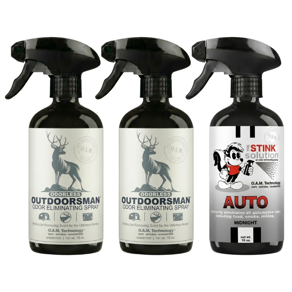 Three Pack - Two Odorless Outdoorsman Odor Eliminating Sprays + One Spray of Choice 16 oz