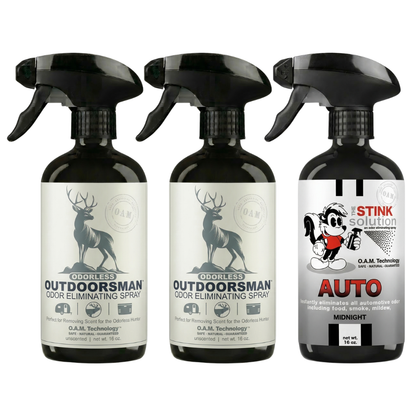 Three Pack - Two Odorless Outdoorsman Odor Eliminating Sprays + One Spray of Choice 16 oz