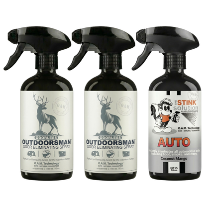 Three Pack - Two Odorless Outdoorsman Odor Eliminating Sprays + One Spray of Choice 16 oz