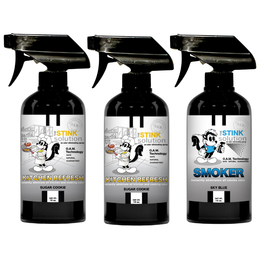 Kitchen Odor Eliminating Spray that gets rid of smells from cooking, fish, food, smoke, and more. It works on kitchen sinks, ovens, counters, and more. Safe, natural, non-toxic formula that works instantly.