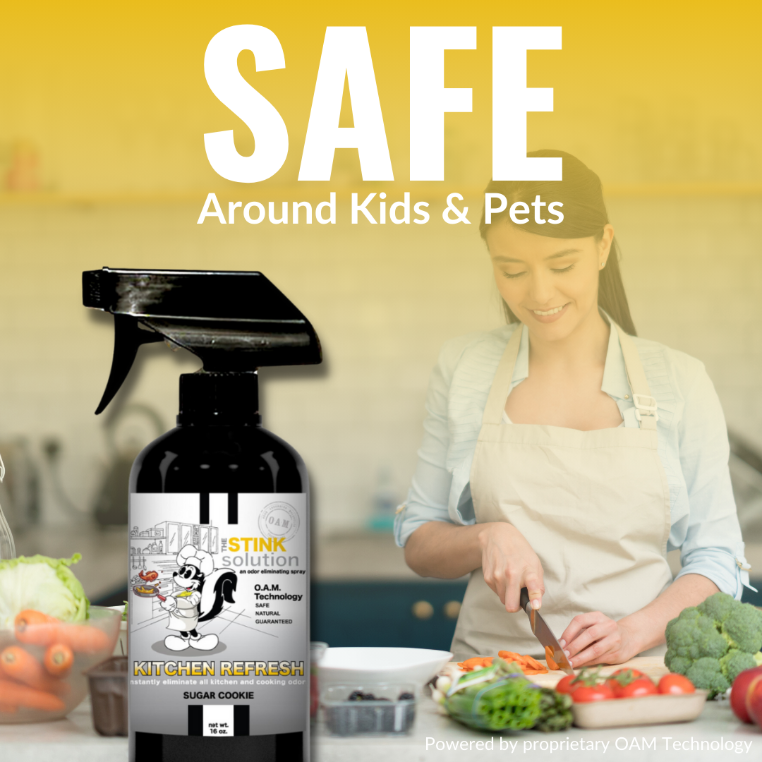 Kitchen Odor Eliminating Spray that gets rid of smells from cooking, fish, food, smoke, and more. It works on kitchen sinks, ovens, counters, and more. Safe, natural, non-toxic formula that works instantly.