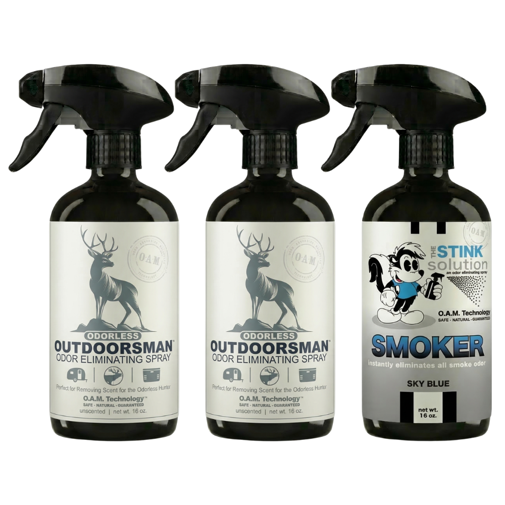Three Pack - Two Odorless Outdoorsman Odor Eliminating Sprays + One Spray of Choice 16 oz