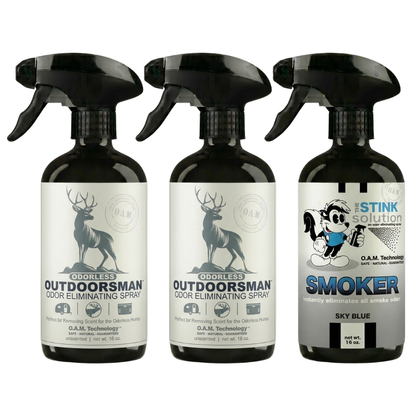 Three Pack - Two Odorless Outdoorsman Odor Eliminating Sprays + One Spray of Choice 16 oz