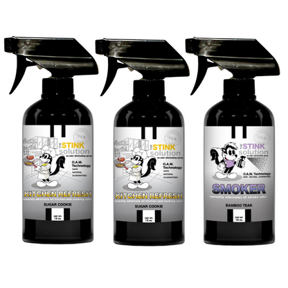 Kitchen Odor Eliminating Spray that gets rid of smells from cooking, fish, food, smoke, and more. It works on kitchen sinks, ovens, counters, and more. Safe, natural, non-toxic formula that works instantly.