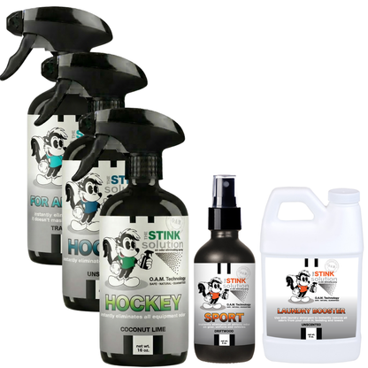 Buy 3 Get Sample Bundle FREE - 1 Tranquility (16 oz), 2 Hockey Odor Eliminators in Coconut Lime and Unscented (16 oz), 1 Sport Odor Eliminator (4 oz), + 1 Unscented Mini Laundry Booster | Odor Eliminating Spray