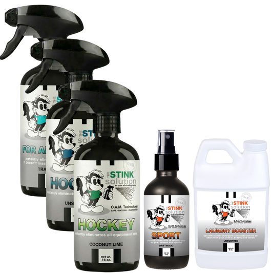 Buy 3 Get Sample Bundle FREE - 1 Tranquility (16 oz), 2 Hockey Odor Eliminators in Coconut Lime and Unscented (16 oz), 1 Sport Odor Eliminator (4 oz), + 1 Unscented Mini Laundry Booster | Odor Eliminating Spray