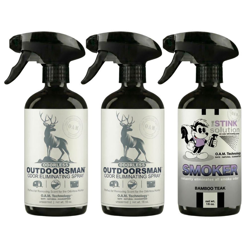 Three Pack - Two Odorless Outdoorsman Odor Eliminating Sprays + One Spray of Choice 16 oz