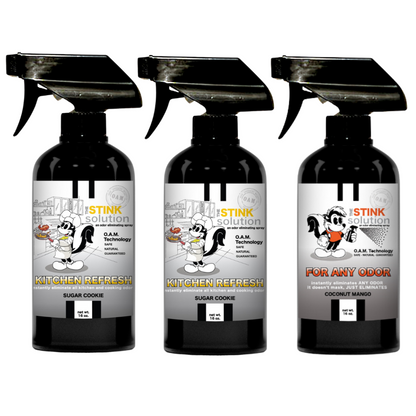 Kitchen Odor Eliminating Spray that gets rid of smells from cooking, fish, food, smoke, and more. It works on kitchen sinks, ovens, counters, and more. Safe, natural, non-toxic formula that works instantly.