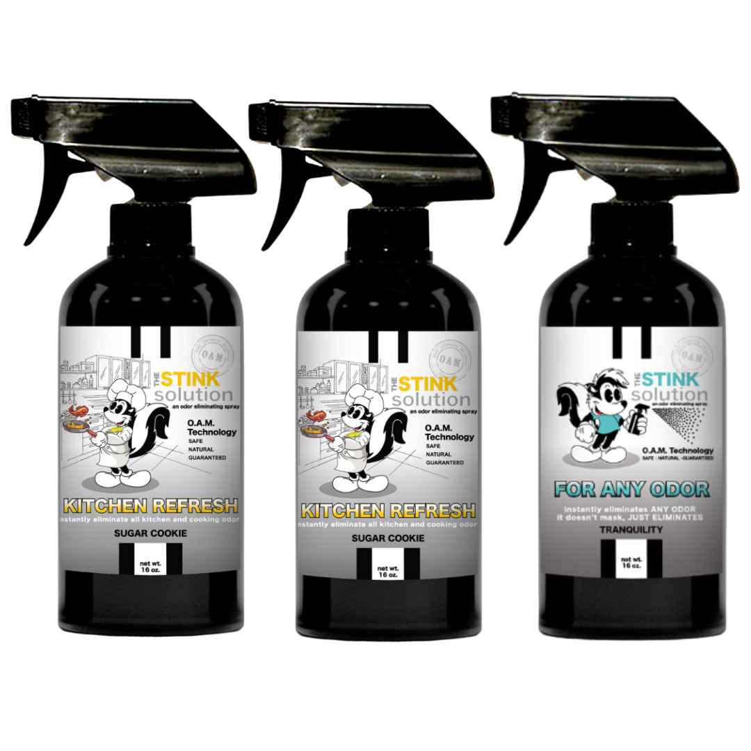 Kitchen Odor Eliminating Spray that gets rid of smells from cooking, fish, food, smoke, and more. It works on kitchen sinks, ovens, counters, and more. Safe, natural, non-toxic formula that works instantly.