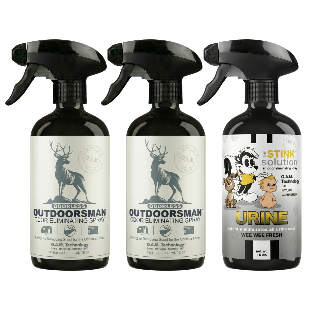 Three Pack - Two Odorless Outdoorsman Odor Eliminating Sprays + One Spray of Choice 16 oz