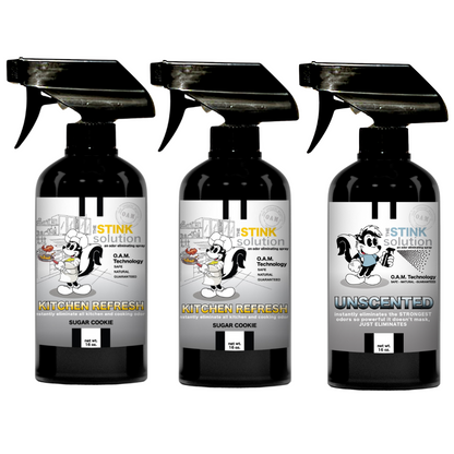 Kitchen Odor Eliminating Spray that gets rid of smells from cooking, fish, food, smoke, and more. It works on kitchen sinks, ovens, counters, and more. Safe, natural, non-toxic formula that works instantly.