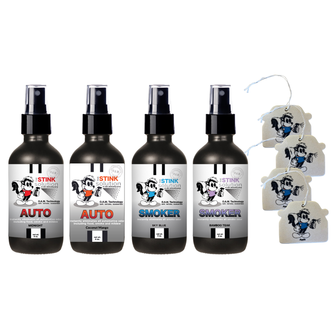 BUY 4 GET 4 Car Air Fresheners - Four 4 oz Odor Eliminating Sprays (Auto Midnight, Auto Coconut Mango, Smoker Bamboo Teak, and Smoker Sky Blue)