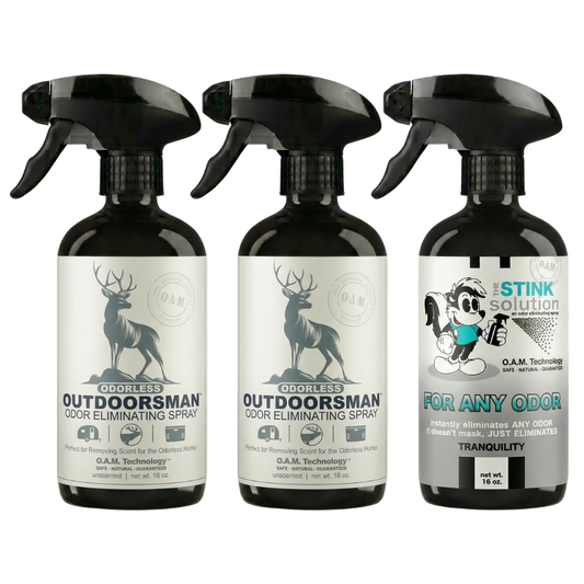 Three Pack - Two Odorless Outdoorsman Odor Eliminating Sprays + One Spray of Choice 16 oz