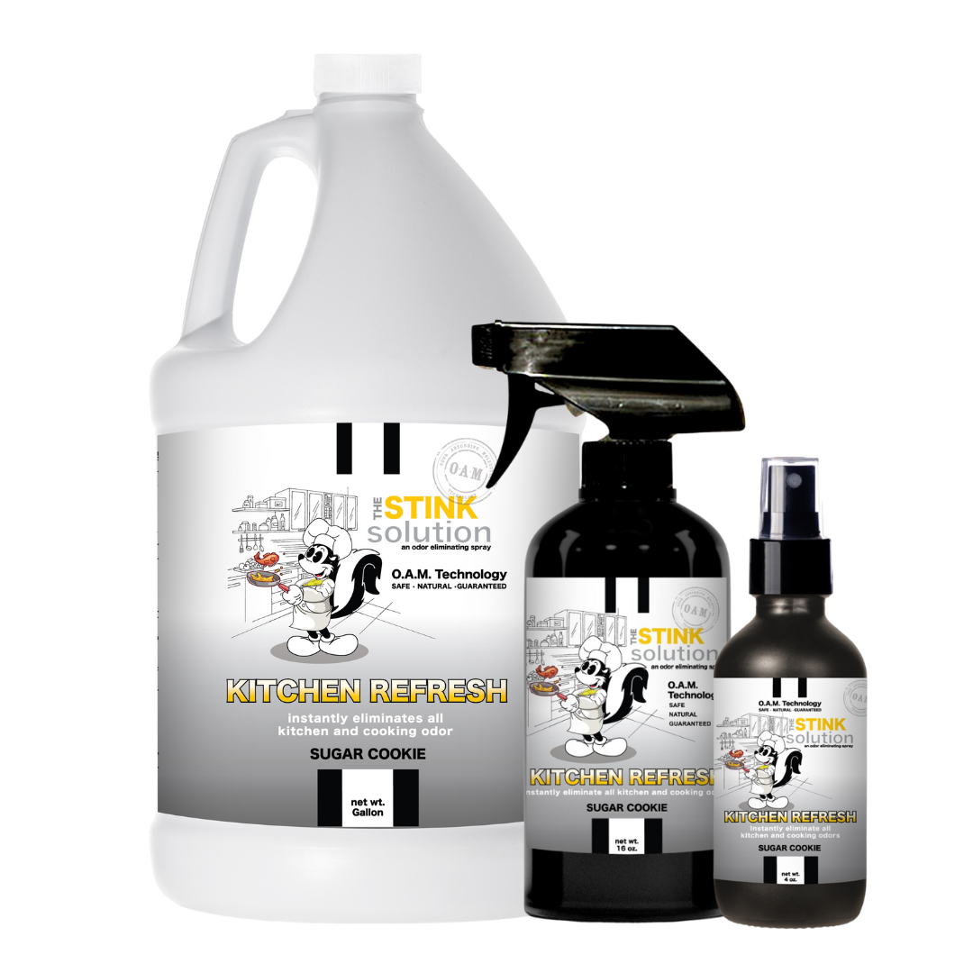 Kitchen Odor Eliminating Spray that gets rid of smells from cooking, fish, food, smoke, and more. It works on kitchen sinks, ovens, counters, and more. Safe, natural, non-toxic formula that works instantly.