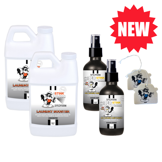 Super Sample Bundle - 2 Mini Laundry Boosters, Two 4 oz Kitchen Refresh Odor Eliminating Sprays + 2 Car Air Fresheners