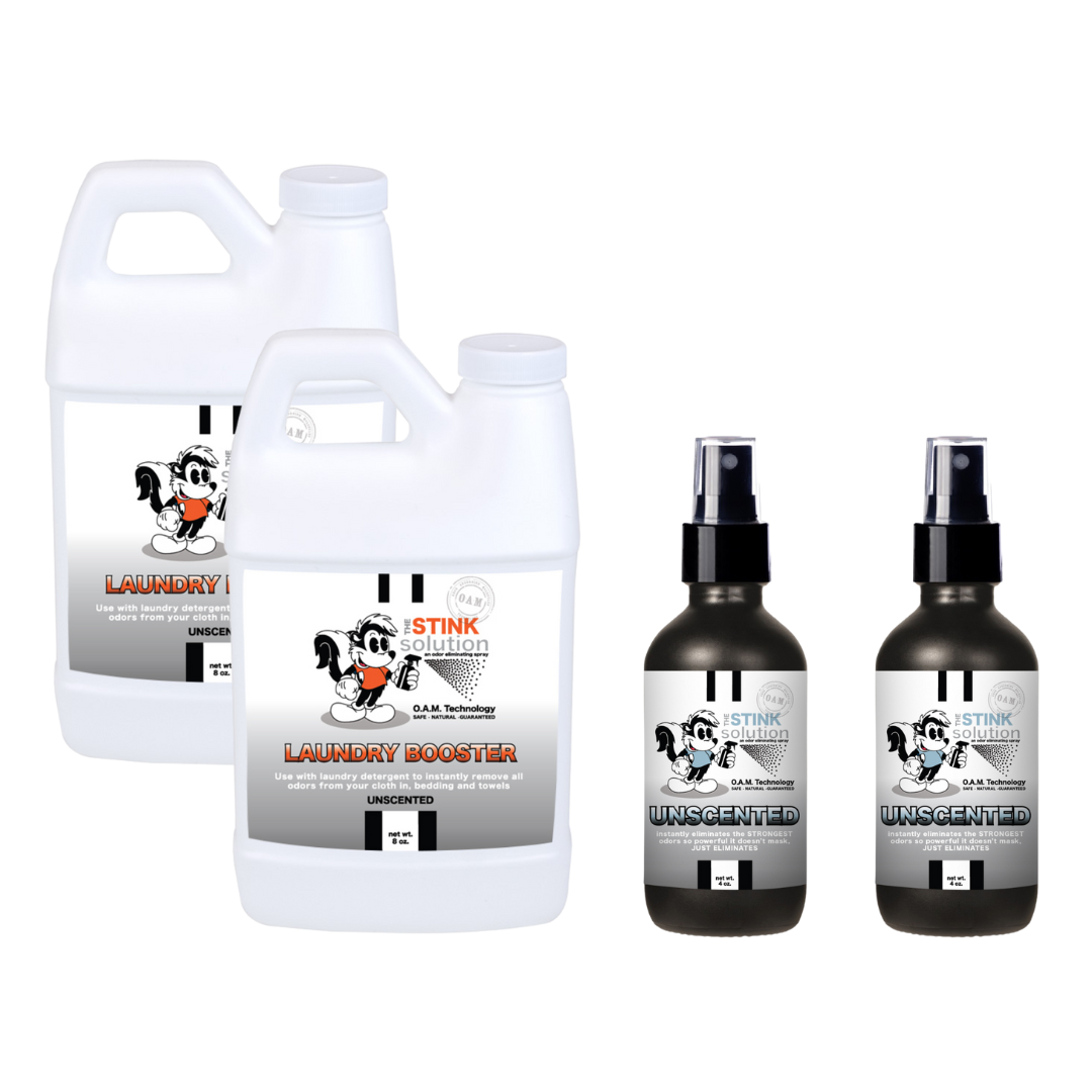 Super Sample Bundle - Two Unscented Mini Laundry Boosters + Two 4 oz For Any Odor Eliminator Sprays