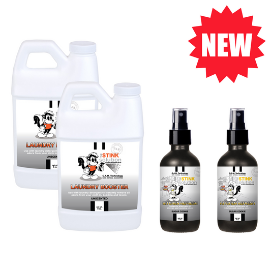 Super Sample Bundle - Two Unscented Mini Laundry Boosters + Two 4 oz Kitchen Odor Eliminator Sprays
