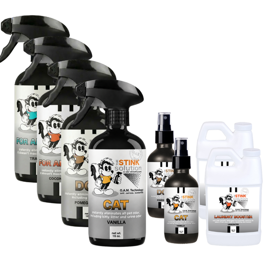 Buy 4 Get Super Sample Bundle FREE - 1 Coconut Mango (16 oz), 1 Tranquility (16 oz), 1 Dog (16 oz), Cat (16 oz), 1 Dog (4 oz), 1 Cat (4 oz), + 2 Unscented Mini Laundry Boosters | Odor Eliminating Spray