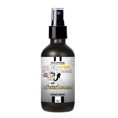 Kitchen Odor Eliminating Spray that gets rid of smells from cooking, fish, food, smoke, and more. It works on kitchen sinks, ovens, counters, and more. Safe, natural, non-toxic formula that works instantly.