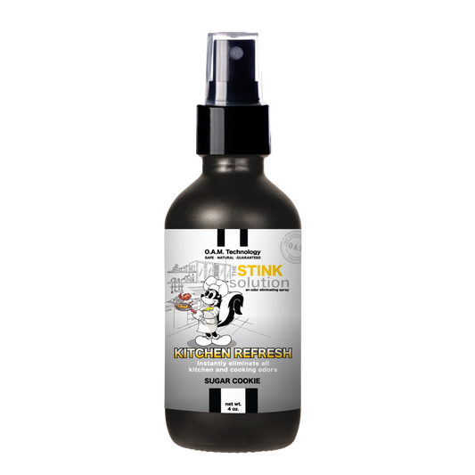 Kitchen Odor Eliminating Spray that gets rid of smells from cooking, fish, food, smoke, and more. It works on kitchen sinks, ovens, counters, and more. Safe, natural, non-toxic formula that works instantly.