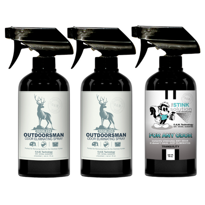 Three Pack - Two Odorless Outdoorsman Odor Eliminating Sprays + One Spray of Choice 16 oz