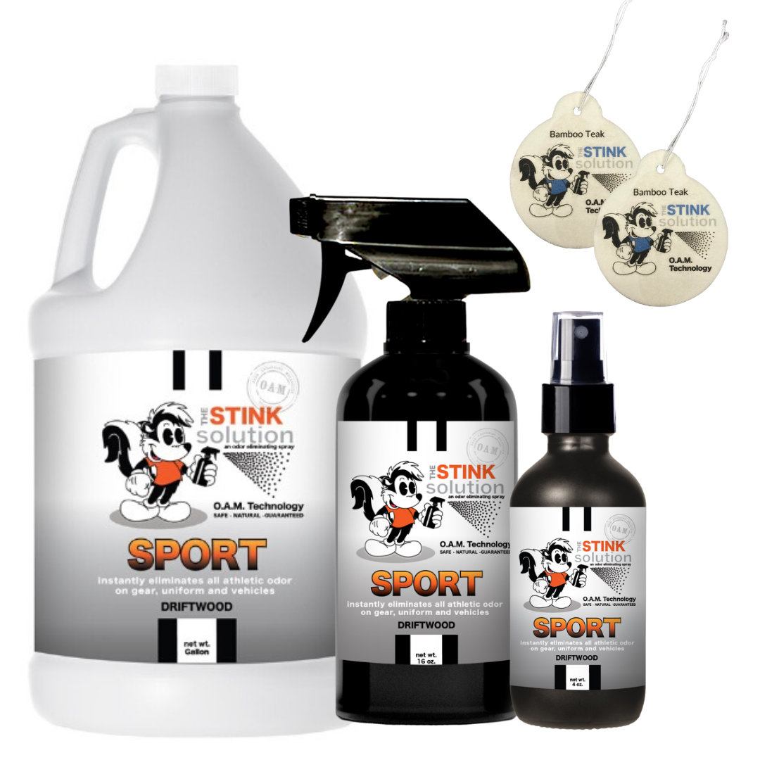Triple Pack Sport Odor Eliminating Spray in Driftwood Gallon, 16 oz. and 4 oz Bundle + 2 FREE Car Air Fresheners