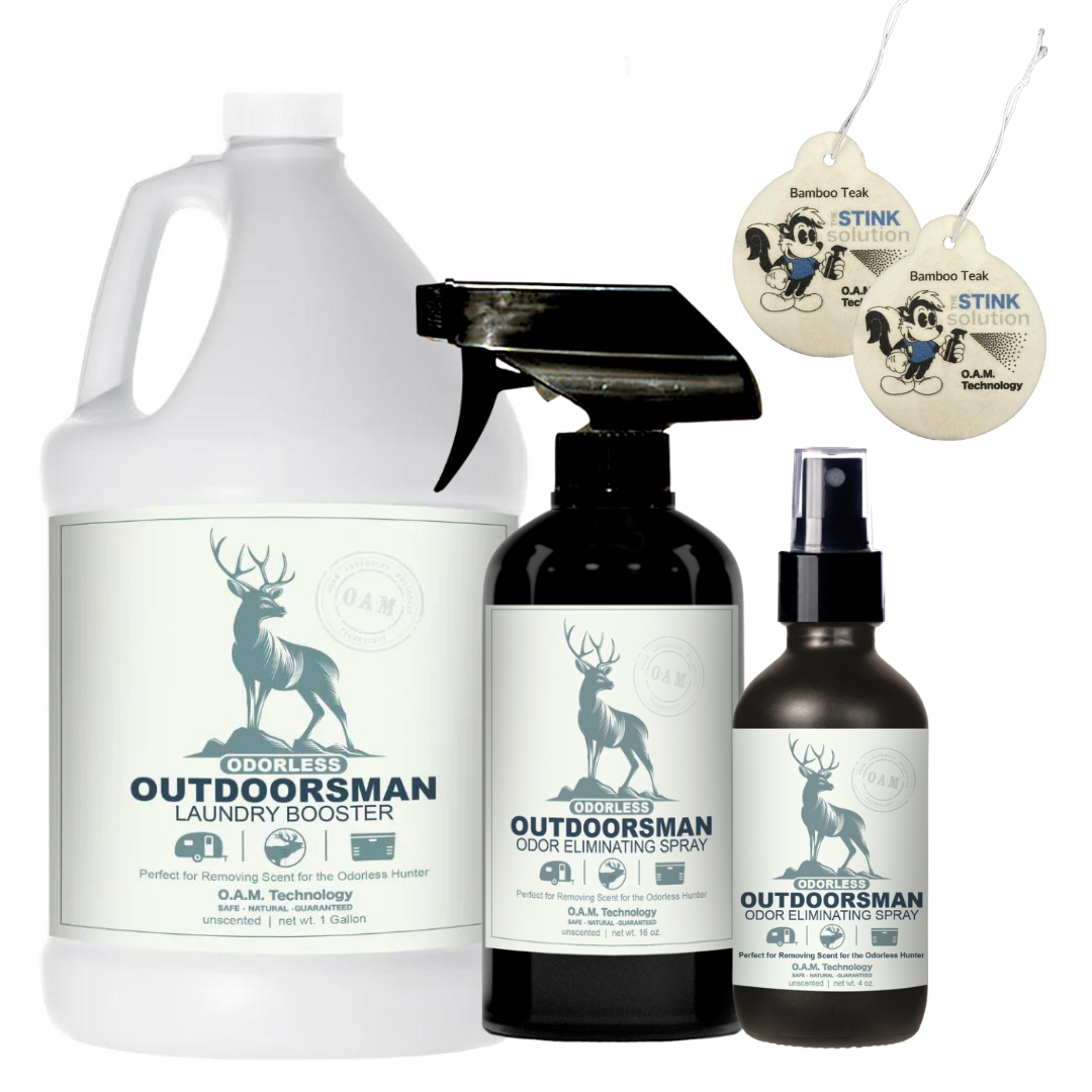 Triple Pack Odorless Outdoorsman Odor Eliminating Spray in Unscented Gallon, 16 oz. and 4 oz Bundle + 2 FREE Car Air Fresheners