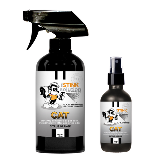 Twin Pack Cat Citrus Orange 16 oz and 4 oz Bundle. Natural, safe, non-toxic, enzyme-free odor eliminating spray. Multi-purpose use for any odor: smoke, urine, food, sweat, and more. Safe to spray anywhere: homes, cars, furniture, bathroom, carpet, and more.
