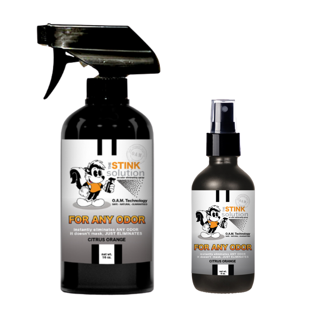 Twin Pack Citrus Orange 16 oz and 4 oz Bundle. Natural, safe, non-toxic, enzyme-free odor eliminating spray. Multi-purpose use for any odor: smoke, urine, food, sweat, and more. Safe to spray anywhere: homes, cars, furniture, bathroom, carpet, and more.