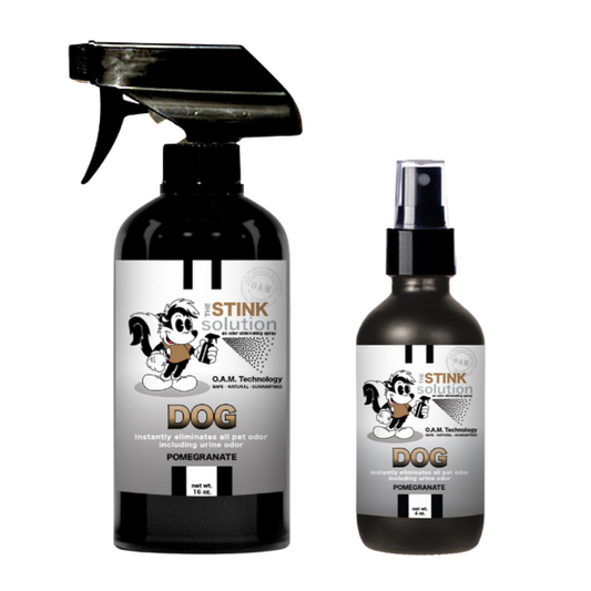 Twin Pack Dog Pomegranate 16 oz and 4 oz Bundle. Natural, safe, non-toxic, enzyme-free odor eliminating spray. Multi-purpose use for any odor: smoke, urine, food, sweat, and more. Safe to spray anywhere: homes, cars, furniture, bathroom, carpet, and more.