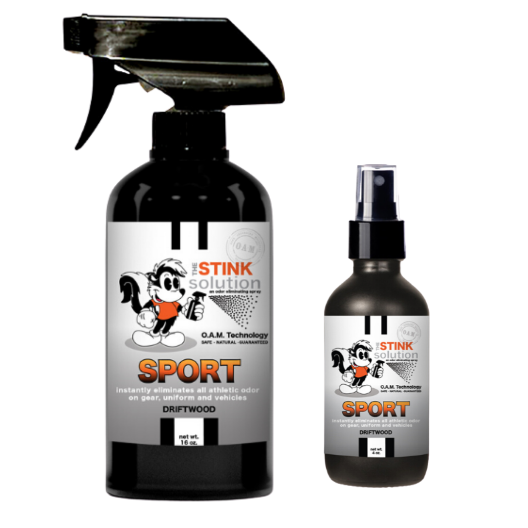 Twin Pack Sport Driftwood 16 oz and 4 oz Bundle. Natural, safe, non-toxic, enzyme-free odor eliminating spray. Multi-purpose use for any odor: smoke, urine, food, sweat, and more. Safe to spray anywhere: homes, cars, furniture, bathroom, carpet, and more.