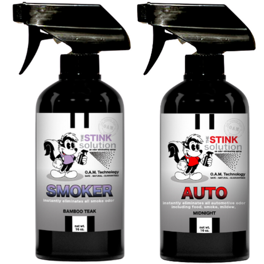 The Stink Solution One Smoker Bamboo Teak, One Auto Midnight 16 oz. Sprays. Natural, safe, non-toxic, enzyme-free odor eliminating spray. Multi-purpose use for any odor: smoke, urine, food, sweat, and more. Safe to spray anywhere: homes, cars, furniture, bathroom, carpet, and more.