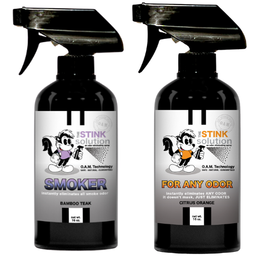 The Stink Solution One Smoker Bamboo Teak, One Citrus Orange 16 oz. Sprays. Natural, safe, non-toxic, enzyme-free odor eliminating spray. Multi-purpose use for any odor: smoke, urine, food, sweat, and more. Safe to spray anywhere: homes, cars, furniture, bathroom, carpet, and more.