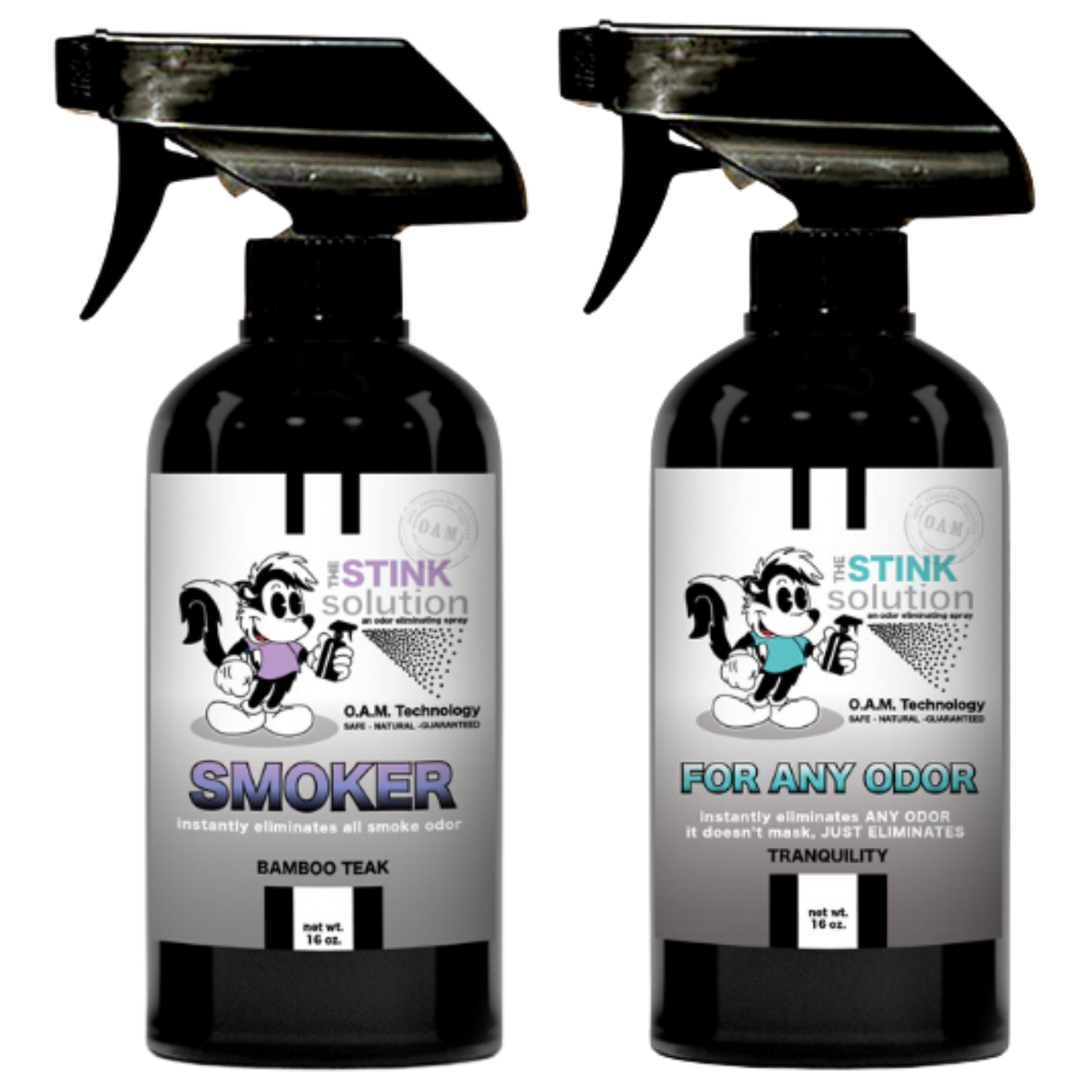 The Stink Solution One Smoker Bamboo Teak, One Tranquility 16 oz. Sprays Natural, safe, non-toxic, enzyme-free odor eliminating spray. Multi-purpose use for any odor: smoke, urine, food, sweat, and more. Safe to spray anywhere: homes, cars, furniture, bathroom, carpet, and more.