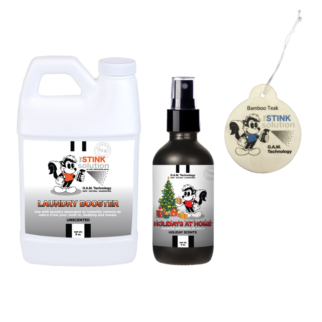 Sample Bundle - 1 Unscented Mini Laundry Booster, 1 Holiday Odor Eliminator 4 oz (Holiday Scents Fragrance) + 1 Car Air Freshener