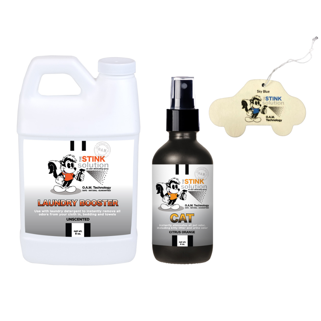 Sample Bundle - 1 Unscented Mini Laundry Booster, 1 Cat Odor Eliminator 4 oz (Citrus Orange Fragrance) + 1 Car Air Freshener