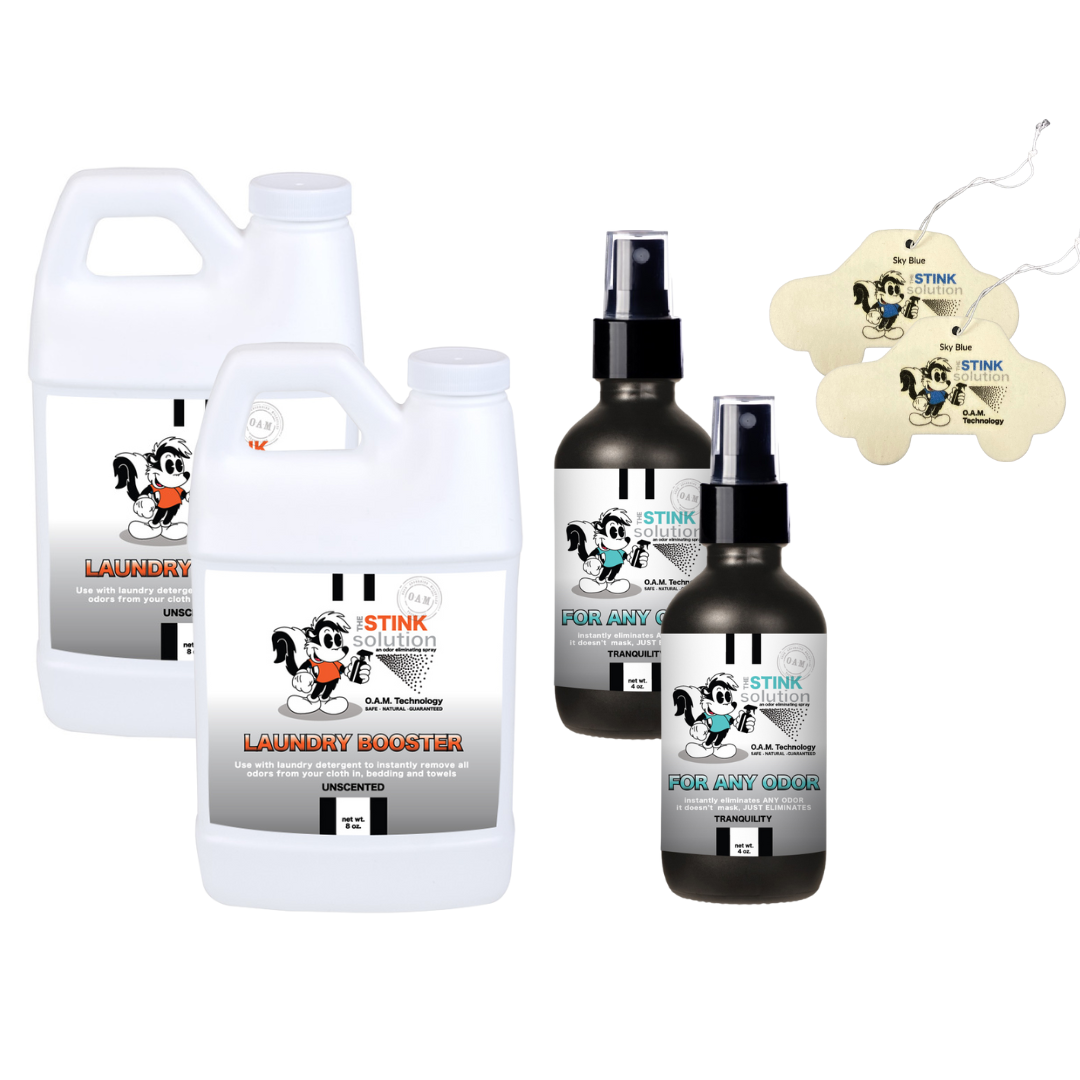 Super Sample Bundle - 2 Mini Laundry Boosters, Two 4 oz For Any Odor Eliminating Sprays + 2 Car Air Fresheners