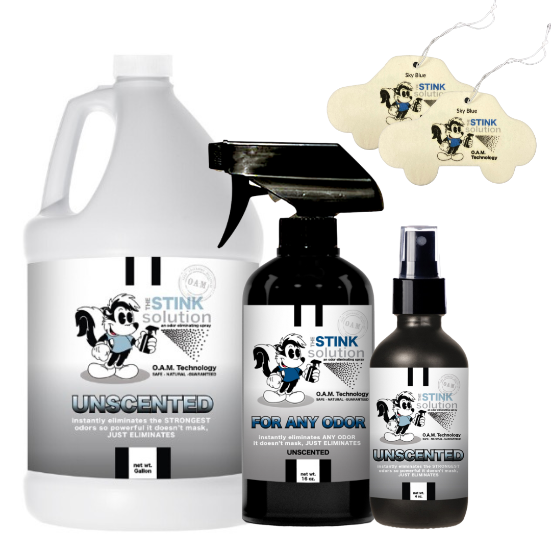 Triple Pack For Any Odor Odor Eliminating Spray Gallon, 16 oz. and 4 oz Bundle + 2 FREE Car Air Fresheners