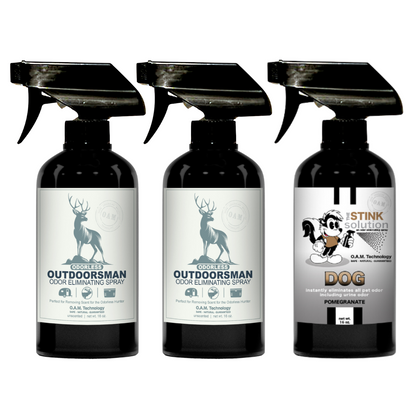 Three Pack - Two Odorless Outdoorsman Odor Eliminating Sprays + One Spray of Choice 16 oz