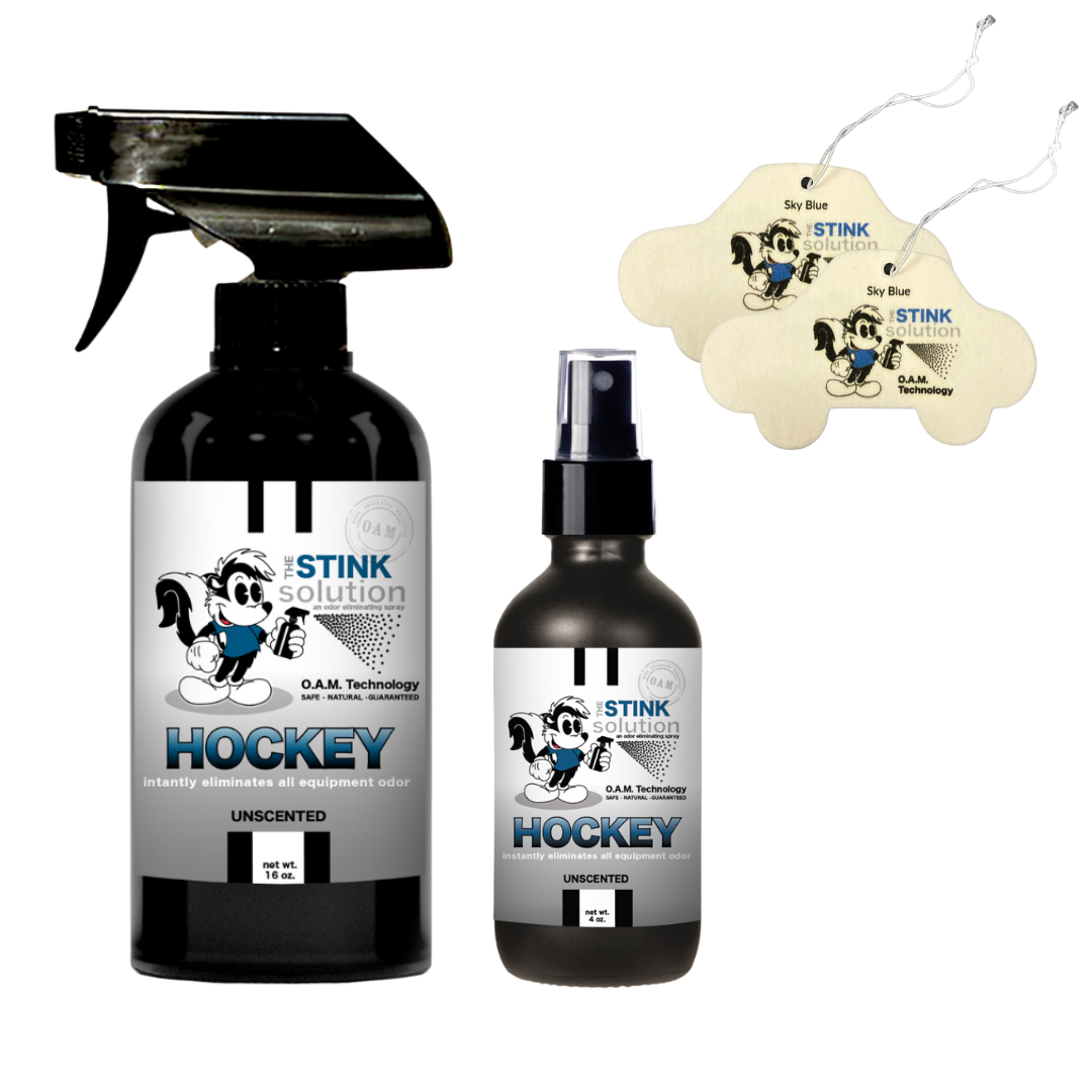 Twin pack Hockey Odor Eliminating Sprays 16 oz and 4 oz Bundle + 2 FREE Car Air Fresheners