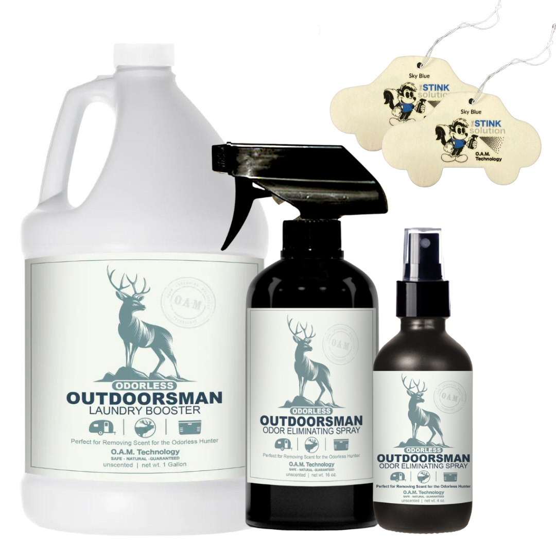 Triple Pack Odorless Outdoorsman Odor Eliminating Spray in Unscented Gallon, 16 oz. and 4 oz Bundle + 2 FREE Car Air Fresheners