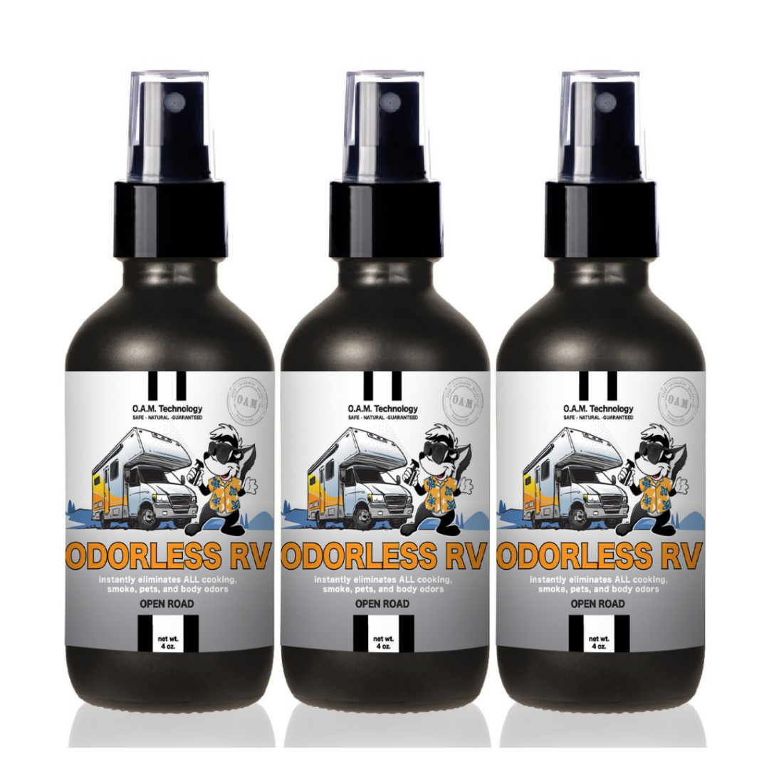On The Go 3 Pack Bundle - 3 Odorless RV Odor Eliminating Sprays in Open Road 4 oz. Natural, safe, non-toxic, enzyme-free odor eliminating spray. Multi-purpose use for any odor: smoke, urine, food, sweat, and more. Safe to spray anywhere: homes, cars, furniture, bathroom, carpet, and more.