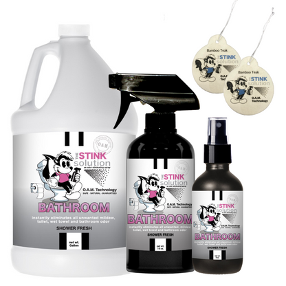 Triple Pack Bathroom Odor Eliminating Spray in Shower Fresh Gallon, 16 oz, and 4 oz Bundle + 2 FREE Car Air Fresheners