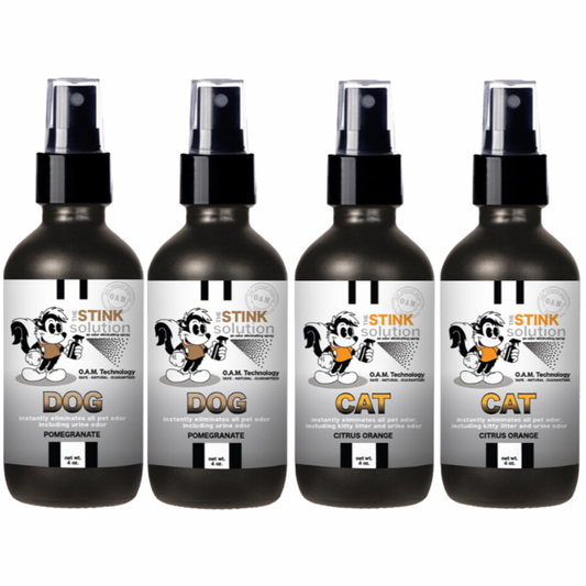 4 oz. Pet Odor Sampler Set: 4 Odor Eliminating Sprays (2 Dog Pomegranate and 2 Cat Citrus Orange) BUY 3 GET 1 FREE. Natural, safe, non-toxic, enzyme-free odor eliminating spray. Multi-purpose use for any odor: smoke, urine, food, sweat, and more. Safe to spray anywhere: homes, cars, furniture, bathroom, carpet, and more.